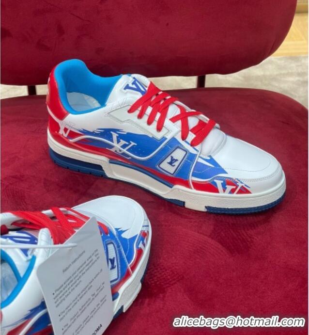 Top Design Louis Vuitton LV Trainer Sneakers in Printed Calf Leather Blue/Red 1223100