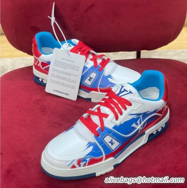 Top Design Louis Vuitton LV Trainer Sneakers in Printed Calf Leather Blue/Red 1223100