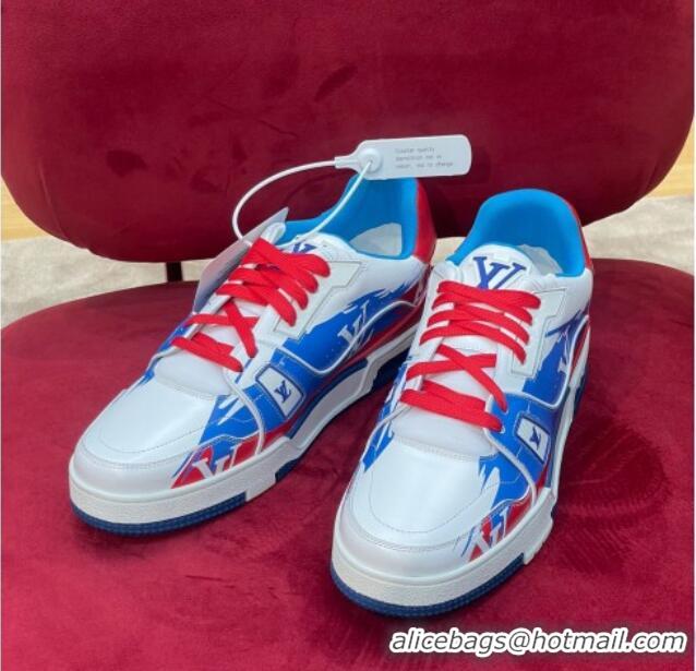 Top Design Louis Vuitton LV Trainer Sneakers in Printed Calf Leather Blue/Red 1223100