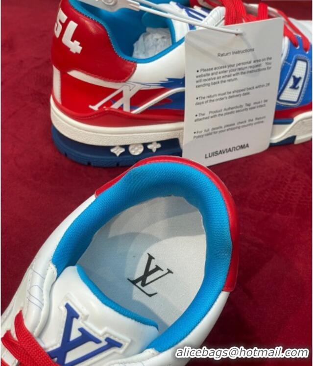 Top Design Louis Vuitton LV Trainer Sneakers in Printed Calf Leather Blue/Red 1223100