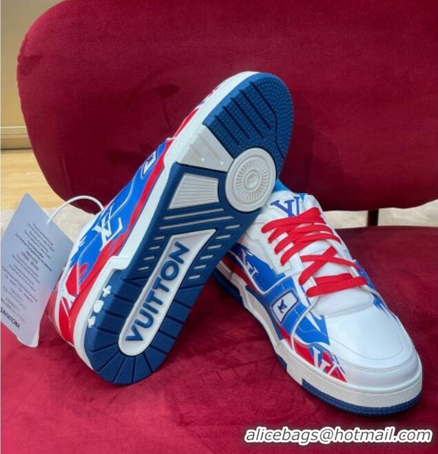 Top Design Louis Vuitton LV Trainer Sneakers in Printed Calf Leather Blue/Red 1223100