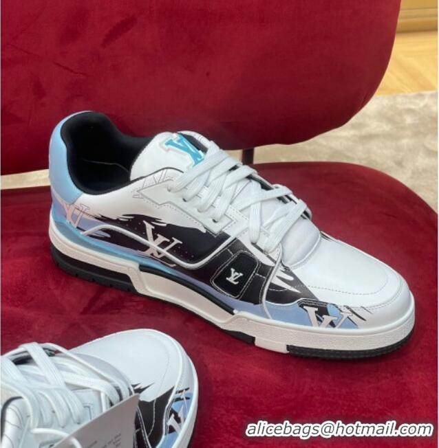 Discount Louis Vuitton LV Trainer Sneakers in Printed Calf Leather Blue/Black 1223101