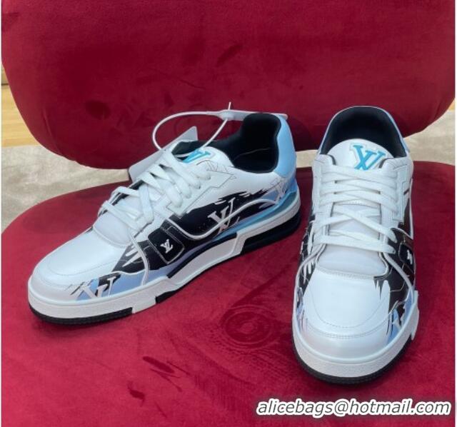 Discount Louis Vuitton LV Trainer Sneakers in Printed Calf Leather Blue/Black 1223101