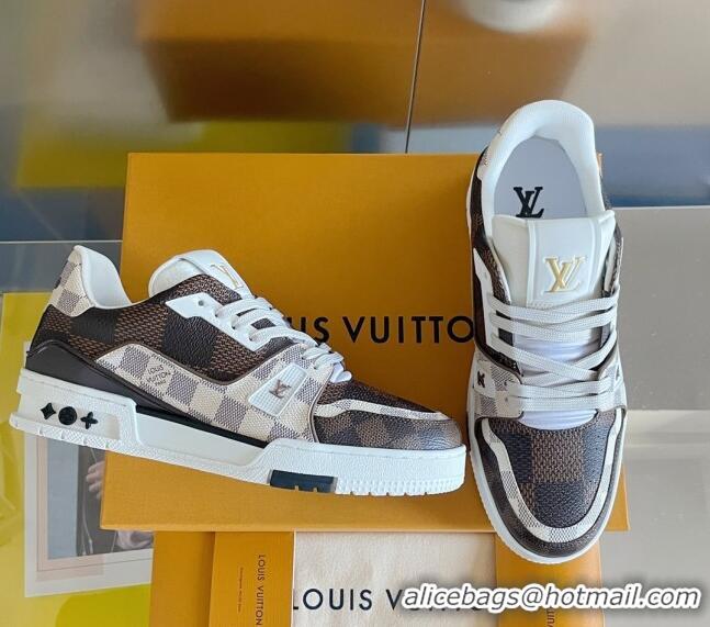 Pretty Style Louis Vuitton Men's LV Trainer Sneakers in Damier Calf Leather Brown/White 1223104