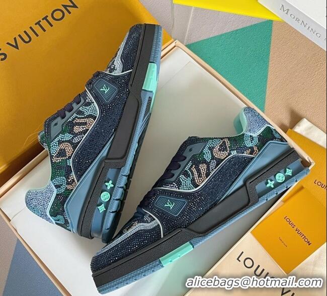 Charming Louis Vuitton Men's LV Trainer Sneakers Covered with Crystals Navy Blue 1223105