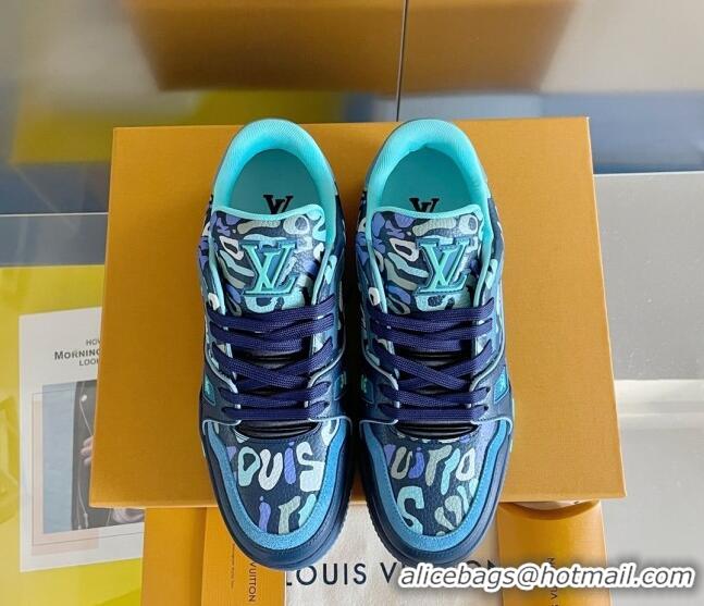 Unique Style Louis Vuitton Men's LV Trainer Sneakers in Camouflage Printed Leather Navy Blue 1223108