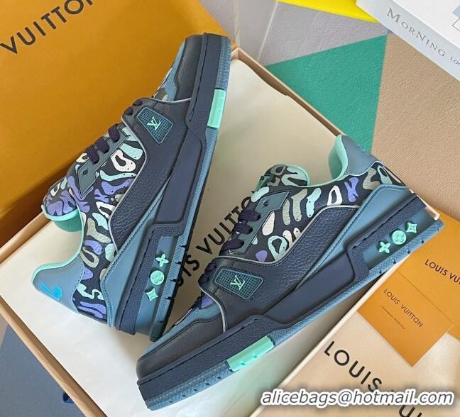 Unique Style Louis Vuitton Men's LV Trainer Sneakers in Camouflage Printed Leather Navy Blue 1223108