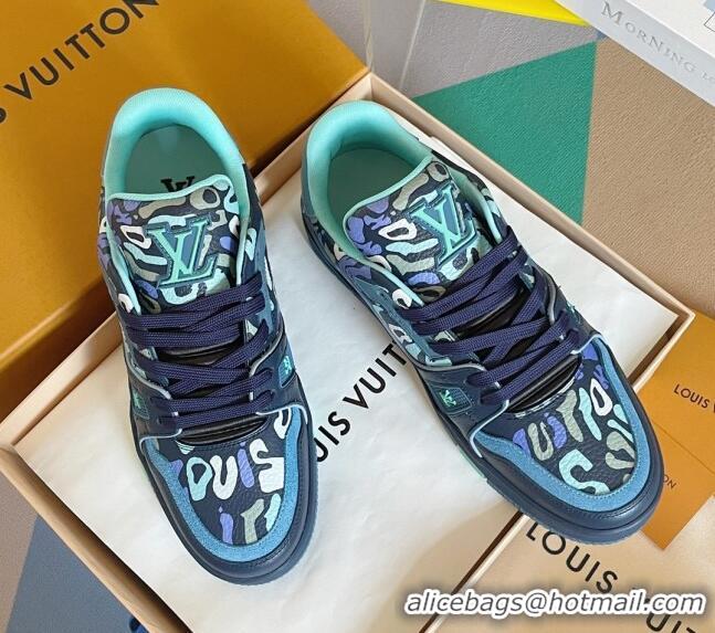 Unique Style Louis Vuitton Men's LV Trainer Sneakers in Camouflage Printed Leather Navy Blue 1223108