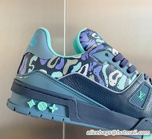 Unique Style Louis Vuitton Men's LV Trainer Sneakers in Camouflage Printed Leather Navy Blue 1223108