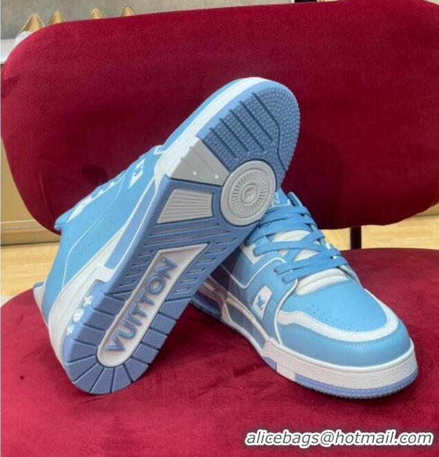 Best Product Louis Vuitton Men's LV Trainer Sneakers in Calf Leather Light Blue/White 1223110