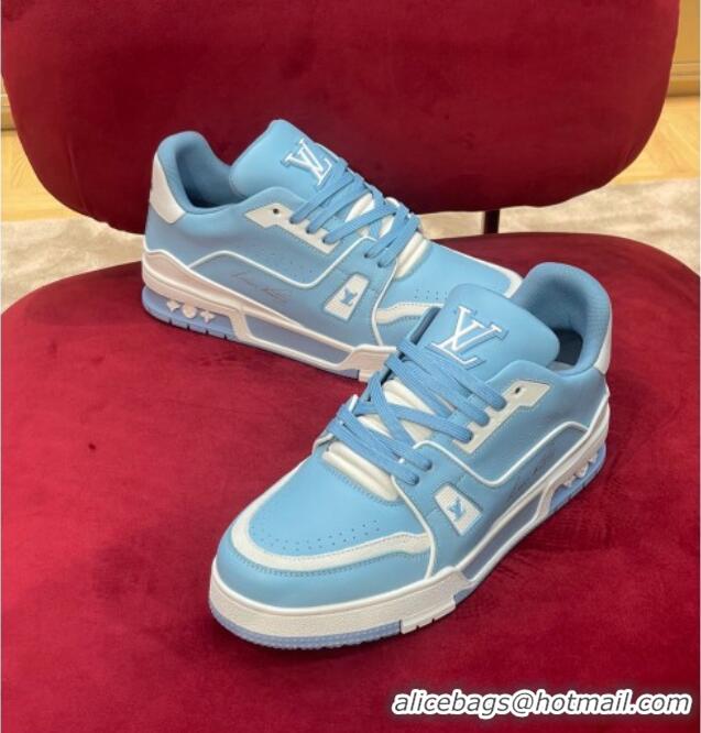 Best Product Louis Vuitton Men's LV Trainer Sneakers in Calf Leather Light Blue/White 1223110