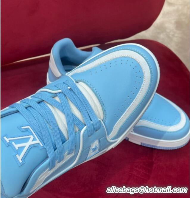 Best Product Louis Vuitton Men's LV Trainer Sneakers in Calf Leather Light Blue/White 1223110