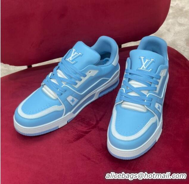 Best Product Louis Vuitton Men's LV Trainer Sneakers in Calf Leather Light Blue/White 1223110