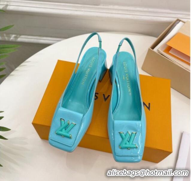 Top Grade Louis Vuitton Shake Slingback Pumps 5.5cm in Patent Leather with LV Twist Light Blue 122714