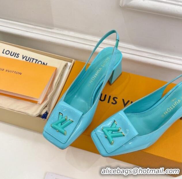 Top Grade Louis Vuitton Shake Slingback Pumps 5.5cm in Patent Leather with LV Twist Light Blue 122714