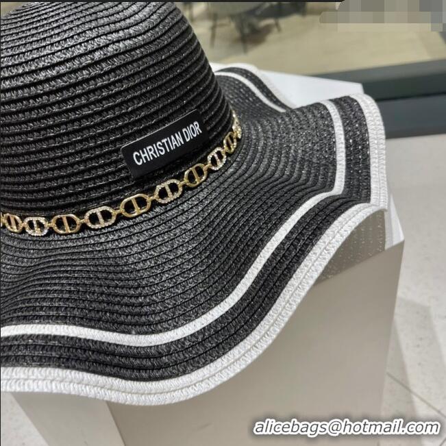 Good Product Dior Straw Hat with Chain D22718 Black 2023