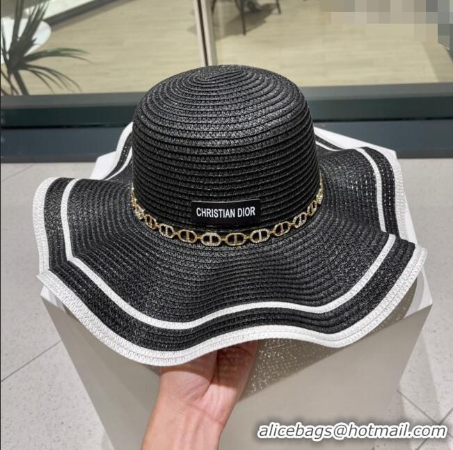 Good Product Dior Straw Hat with Chain D22718 Black 2023