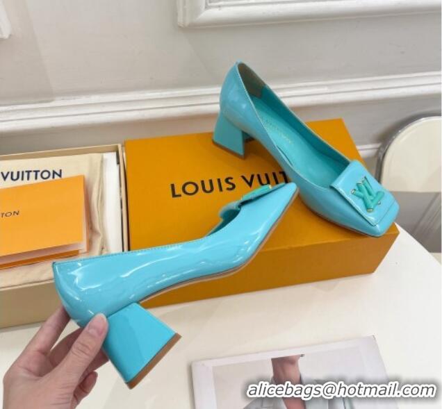 Shop Duplicate Louis Vuitton Shake Pumps 5.5cm in Patent Leather with LV Twist Light Blue 122721