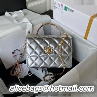 Top Quality Chanel Metallic Lambskin Mini Flap Bag with Top handle AS3886 Silver 2023