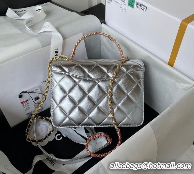 Top Quality Chanel Metallic Lambskin Mini Flap Bag with Top handle AS3886 Silver 2023