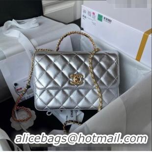 Well Crafted Chanel Metallic Lambskin Small Flap Bag with Top handle AS3908 Silver 2023