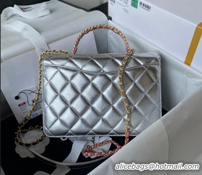 Well Crafted Chanel Metallic Lambskin Small Flap Bag with Top handle AS3908 Silver 2023