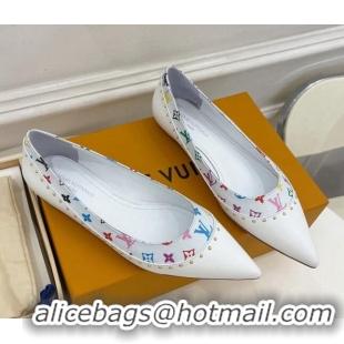 Best Product Louis Vuitton Signature Flat Ballerinas in Leather and Monogram Canvas with Studs White 122726