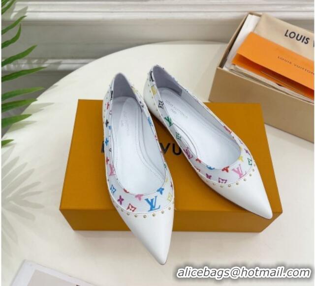 Best Product Louis Vuitton Signature Flat Ballerinas in Leather and Monogram Canvas with Studs White 122726