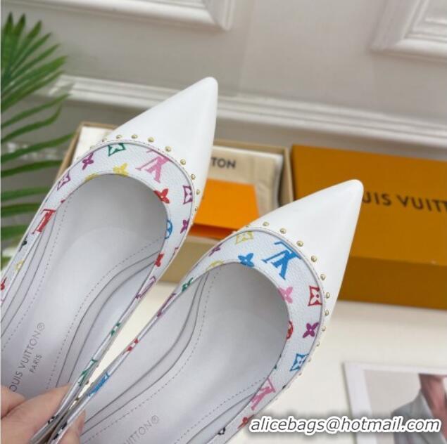 Best Product Louis Vuitton Signature Flat Ballerinas in Leather and Monogram Canvas with Studs White 122726