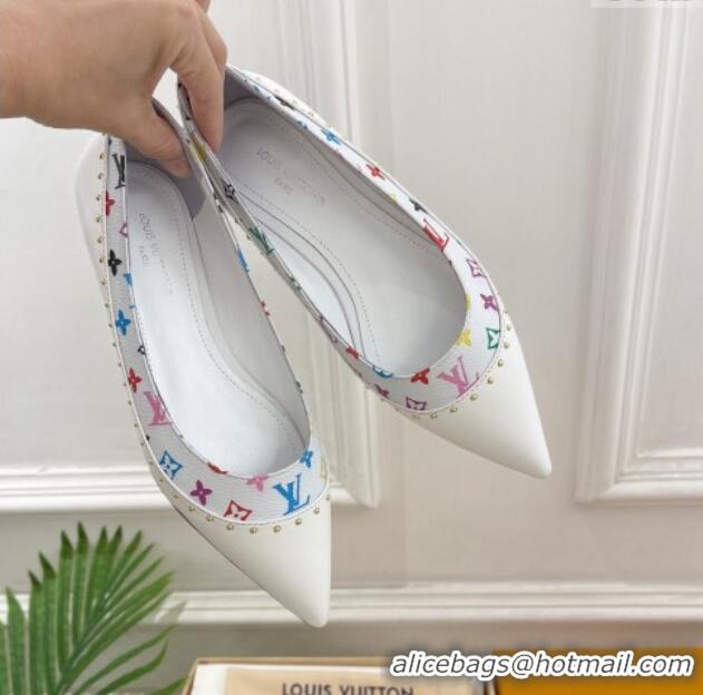 Best Product Louis Vuitton Signature Flat Ballerinas in Leather and Monogram Canvas with Studs White 122726