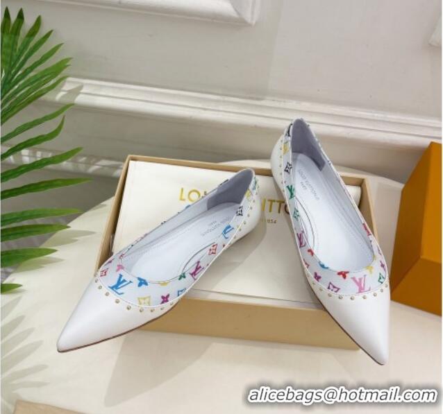 Best Product Louis Vuitton Signature Flat Ballerinas in Leather and Monogram Canvas with Studs White 122726