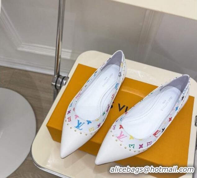 Best Product Louis Vuitton Signature Flat Ballerinas in Leather and Monogram Canvas with Studs White 122726