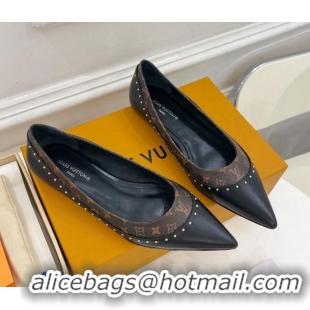 Sophisticated Louis Vuitton Signature Flat Ballerinas in Leather and Monogram Canvas with Studs Black 122727