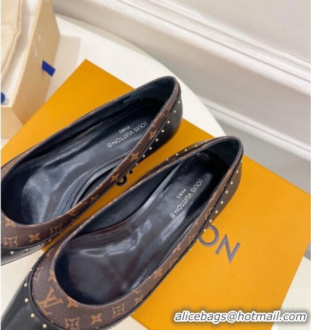 Sophisticated Louis Vuitton Signature Flat Ballerinas in Leather and Monogram Canvas with Studs Black 122727