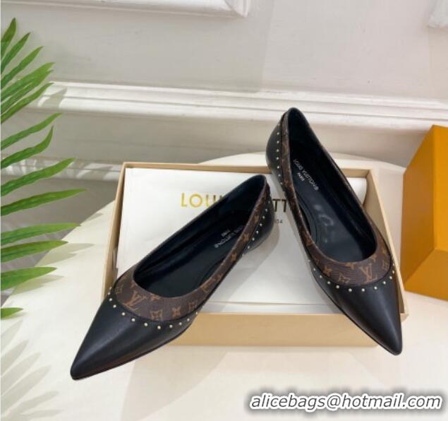 Sophisticated Louis Vuitton Signature Flat Ballerinas in Leather and Monogram Canvas with Studs Black 122727