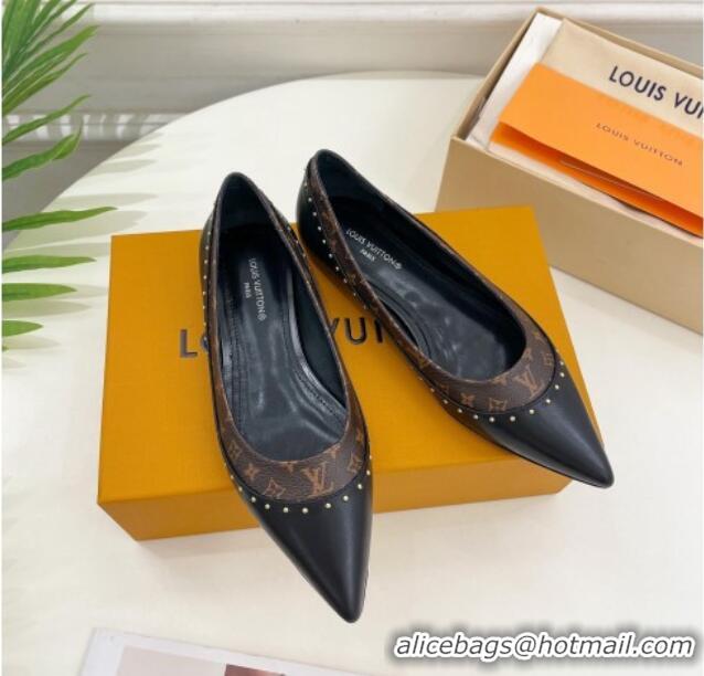 Sophisticated Louis Vuitton Signature Flat Ballerinas in Leather and Monogram Canvas with Studs Black 122727