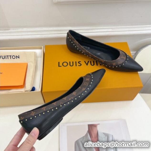 Sophisticated Louis Vuitton Signature Flat Ballerinas in Leather and Monogram Canvas with Studs Black 122727