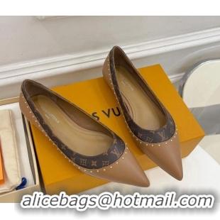 Good Quality Louis Vuitton Signature Flat Ballerinas in Leather and Monogram Canvas with Studs Brown 122728