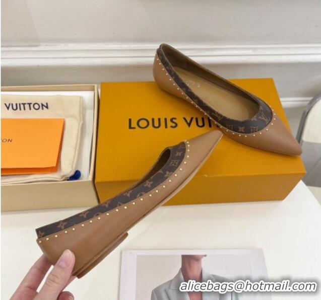 Good Quality Louis Vuitton Signature Flat Ballerinas in Leather and Monogram Canvas with Studs Brown 122728