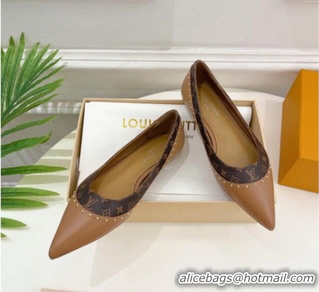 Good Quality Louis Vuitton Signature Flat Ballerinas in Leather and Monogram Canvas with Studs Brown 122728