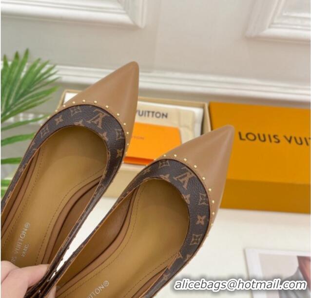 Good Quality Louis Vuitton Signature Flat Ballerinas in Leather and Monogram Canvas with Studs Brown 122728