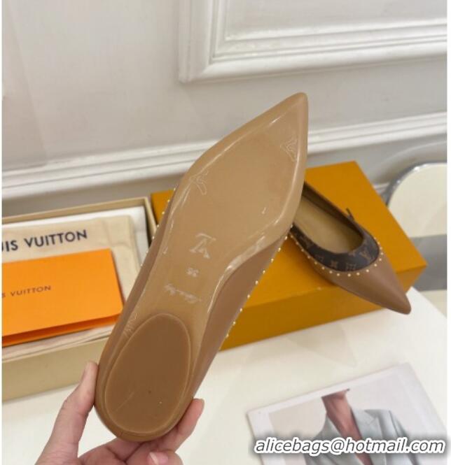 Good Quality Louis Vuitton Signature Flat Ballerinas in Leather and Monogram Canvas with Studs Brown 122728