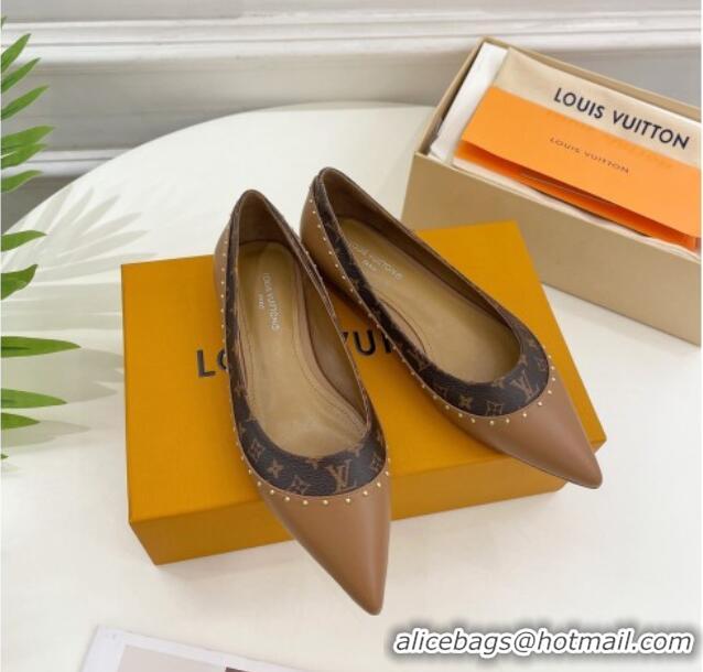 Good Quality Louis Vuitton Signature Flat Ballerinas in Leather and Monogram Canvas with Studs Brown 122728