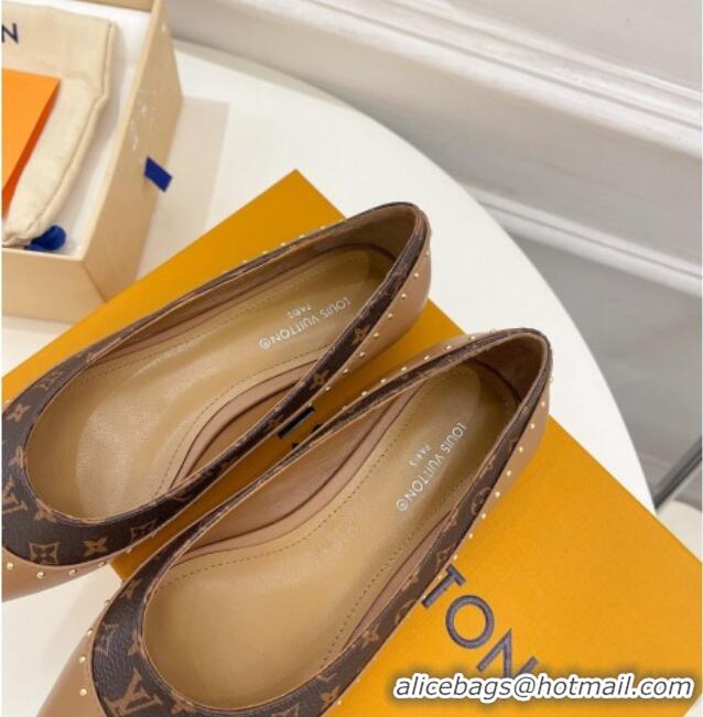 Good Quality Louis Vuitton Signature Flat Ballerinas in Leather and Monogram Canvas with Studs Brown 122728