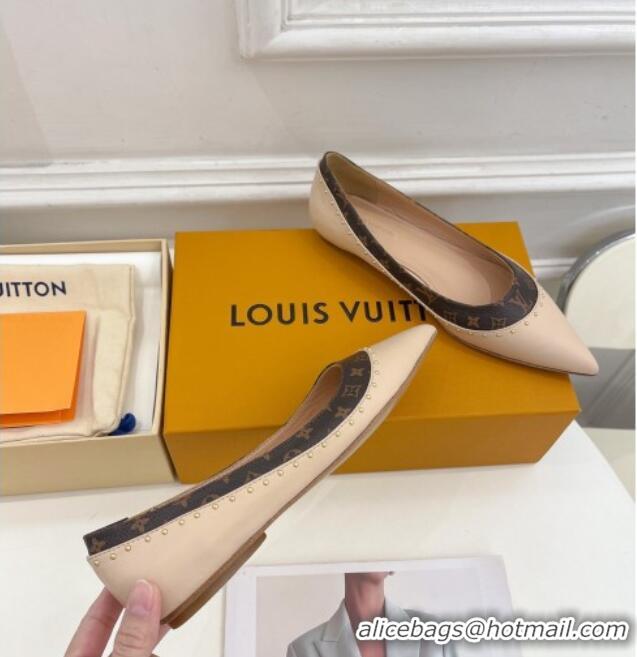 Unique Style Louis Vuitton Signature Flat Ballerinas in Leather and Monogram Canvas with Studs Nude 122729