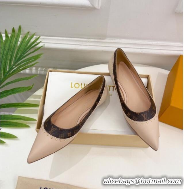 Unique Style Louis Vuitton Signature Flat Ballerinas in Leather and Monogram Canvas with Studs Nude 122729