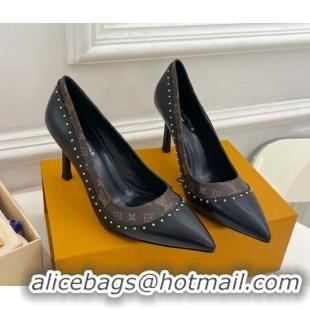 Good Looking Louis Vuitton Signature Pumps 8.5cm in Leather and Monogram Canvas with Studs Black 122731