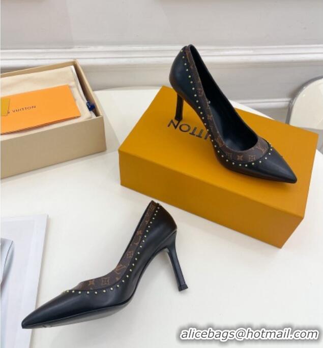 Good Looking Louis Vuitton Signature Pumps 8.5cm in Leather and Monogram Canvas with Studs Black 122731