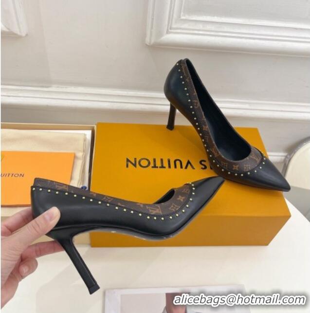 Good Looking Louis Vuitton Signature Pumps 8.5cm in Leather and Monogram Canvas with Studs Black 122731