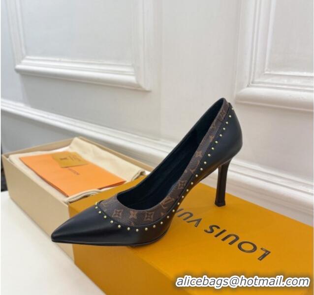 Good Looking Louis Vuitton Signature Pumps 8.5cm in Leather and Monogram Canvas with Studs Black 122731